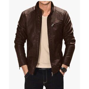 Coffee Brown Faux Leather Military Jacket Slim Fit Moto Biker Bomber Jacket Coat
